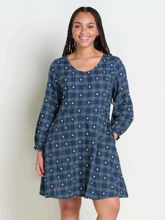 Toad&Co Maple Button Front Long Sleeve Dress Blue Navy Small Dobby Size L - Picture 11 of 12